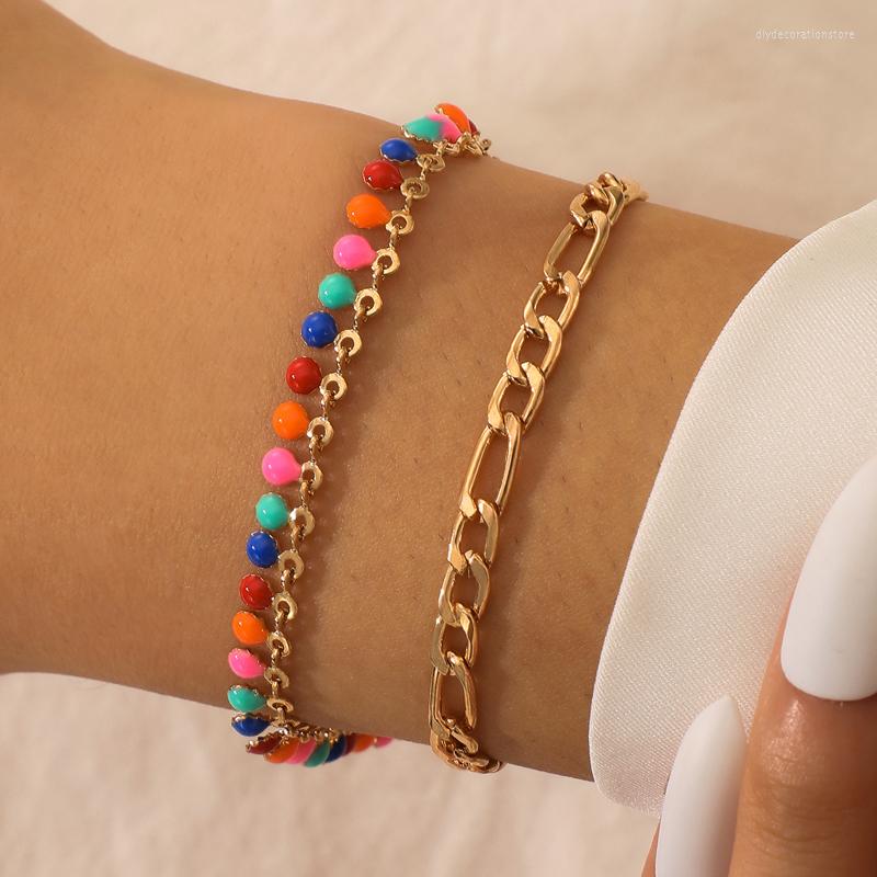 

Charm Bracelets Bohemian Colorful Drop Oil Love Heart 2Pcs/set Lovely Hollw Geometry Alloy Adjustable Chain Jewelry Accessories