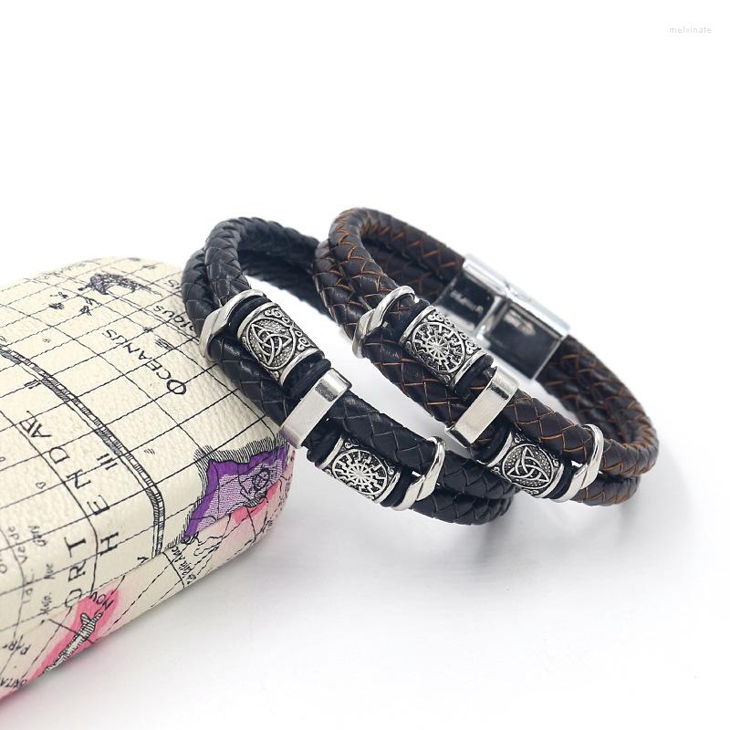 

Link Bracelets Nordic Viking Rune Bead Double Leather Rope Braided Men's Bracelet Fashion Handmade Color Matching Beaded