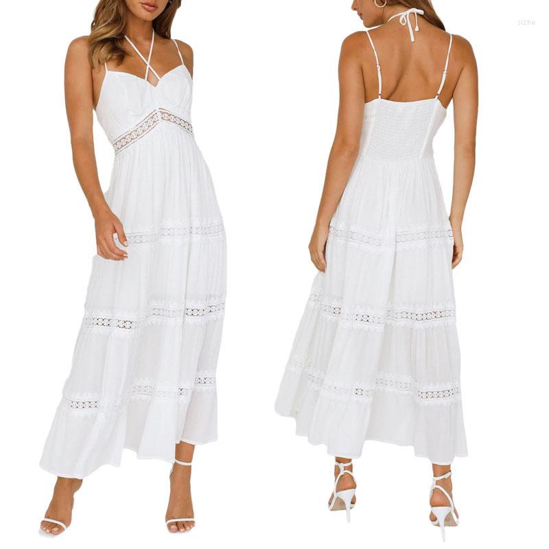 

Casual Dresses Women Elegant Lace Patchwork White Dress Bohemia Summer Spaghetti Strap High Waist Maxi Long V-Neck Ruffle