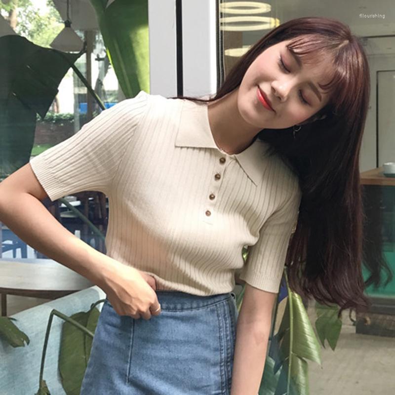 

Women's T Shirts Korean Slim W330 Knitted Summer Tshirts Women Turn Down Collar Short Sleeve Striped Casual Vintage Tops Buttons Harajuku, Navy blue