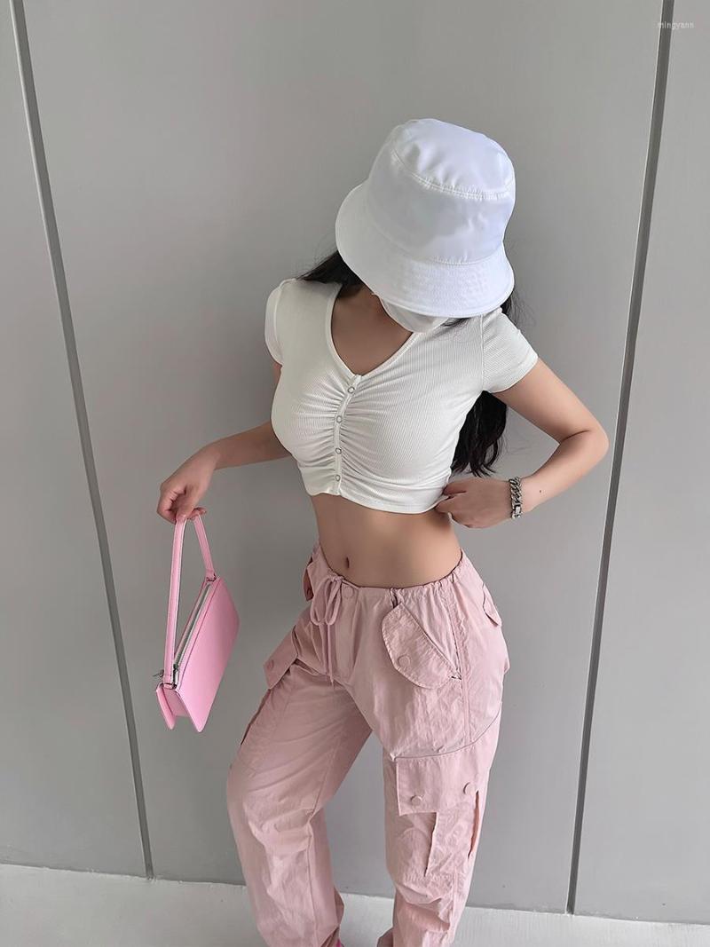 

Women' T Shirts TVVOVVIN Sexy V-neck Wrinkled Tight Thin Short Navel Exposed Sleeve Bottomed T-Shirt Top Tees Korean Sweet Tops C64X, Black