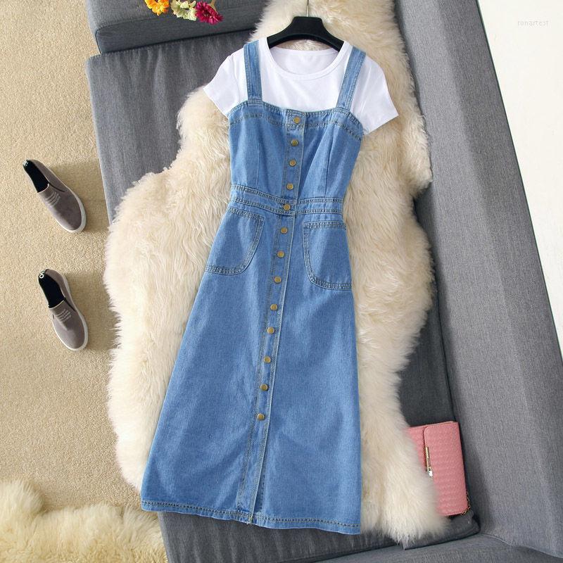 

Casual Dresses Korean Fashion Denim Overall Dress Women Spaghetti Strap Button Jeans Sundress School Student Vestido Feminino, Light blue