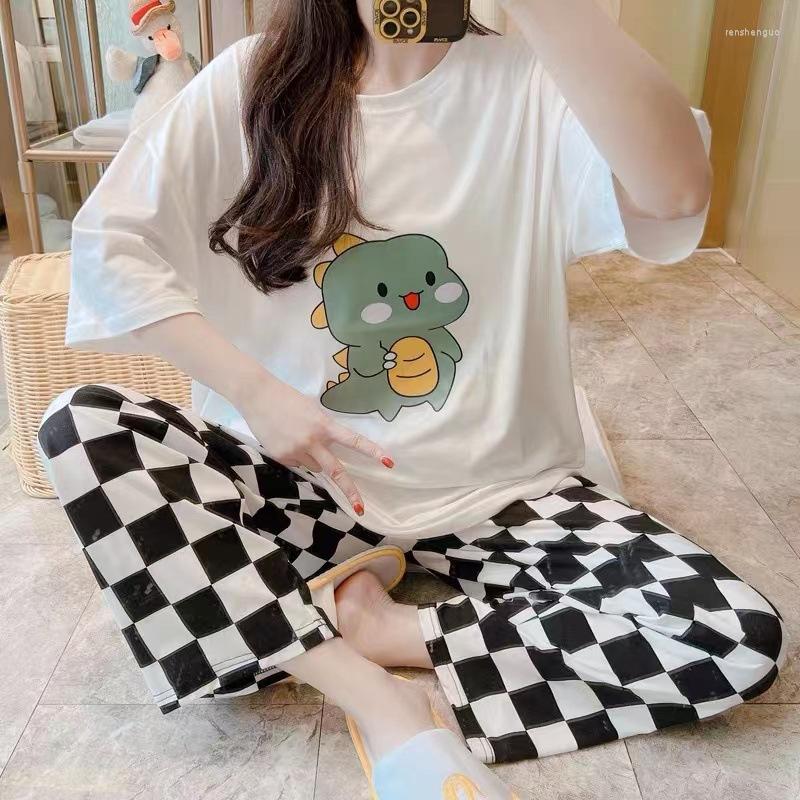 

Women's Sleepwear Homewear Short Sleeve Pajamas Set Cute Leisure Women 2Pcs Nightwear For Long Loose Waist Pant, 12