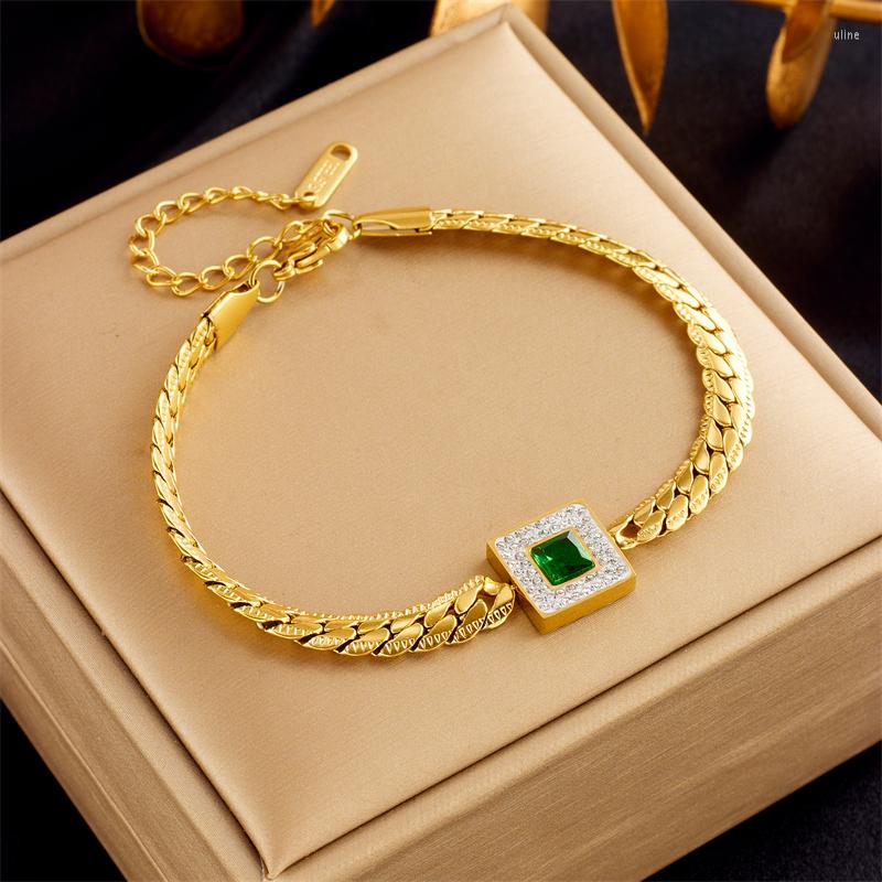 

Link Bracelets 316L Stainless Steel Fashion Fine Jewelry Embed Zircon Square 3-Colors Crystal Charm Thick Chain Imprint For Women