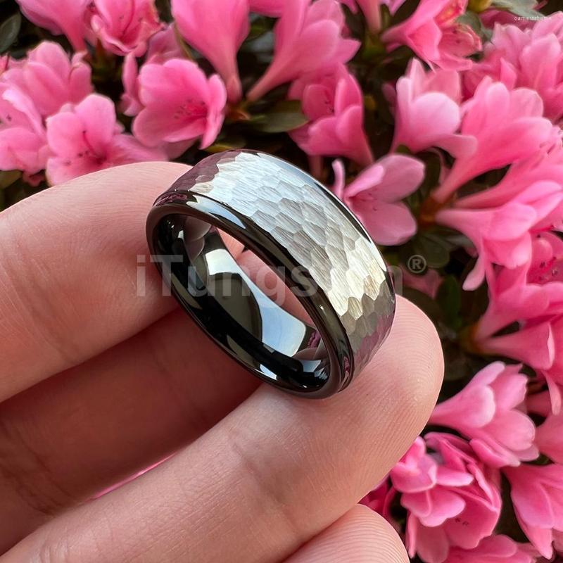 

Wedding Rings ITungsten 6mm 8mm Men Women Black Hammered Tungsten Ring Band Fashion Jewelry Two Tone Stepped Edges Comfort Fit