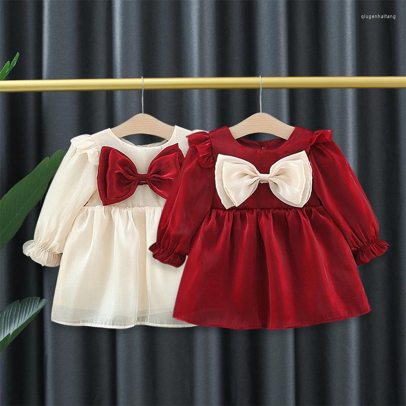 

Girl Dresses Korean Style Long Sleeve Cute Bow Princess Dress 1st Birthday Baby Party Tutu Girls Kids Clothes Vestidos, Beige