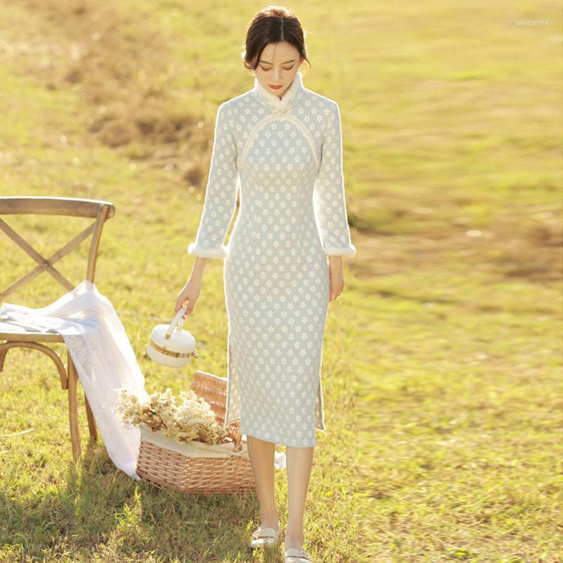 

Ethnic Clothing Long Dresses Wool Cloth Improved Cheongsam Girls' Winter Thickened Sleeve Elegant Small Fresh Temperament Chinese Qipao