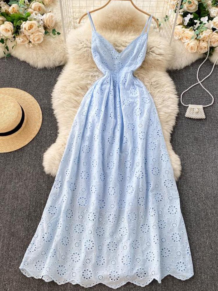 

Casual Dresses FTLZZ Summer Sexy Women Spaghetti Strap Backless Dress Lady Hollow Out Long Holiday Beach, Yellow