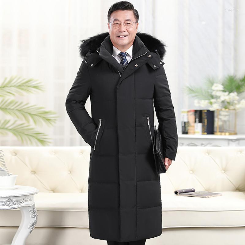 

Men' Down 2023 X-Long Real Fur Collar Winter Jacket Men Overcoats Thick White Duck Coat Solid Long Parkas For Father, Black