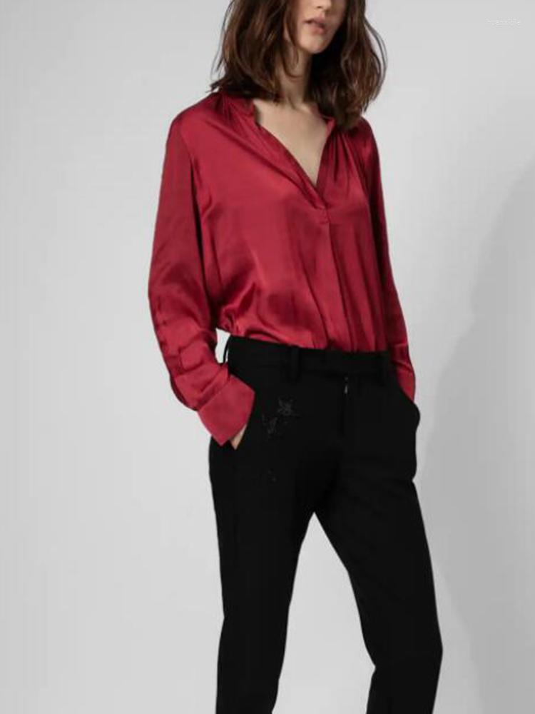 

Women's Blouses 2023 Autumn Women Shirt V-neck Long-sleeved Wine Red Tops