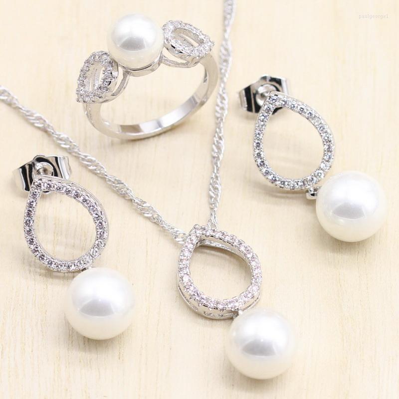

Necklace Earrings Set Women 925 Sterling Silver Pearl White Ring Stud Pendant For Party Jewelry Gifts, Picture shown