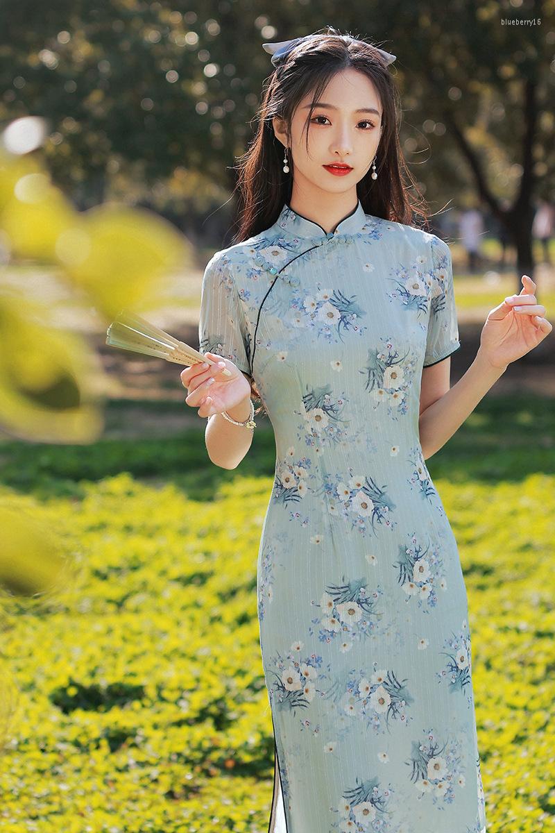 

Ethnic Clothing Traditional Chinese Style Mandarin Collar Short Sleeve Qipao Mujer Vestido Women's Floral Print High Split Cheongsam