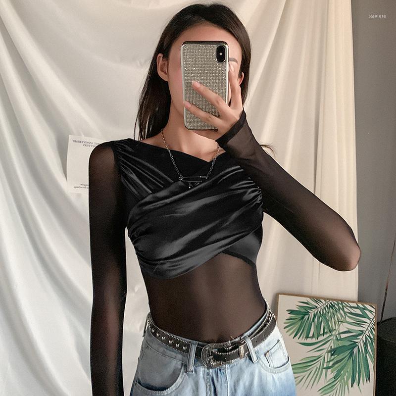 

Women's T Shirts #Sisjuly# European And American Net Red Same Sexy Mesh Perspective Jumpsuit Women's Versatile Slim Fitting Long Sleeve, Black