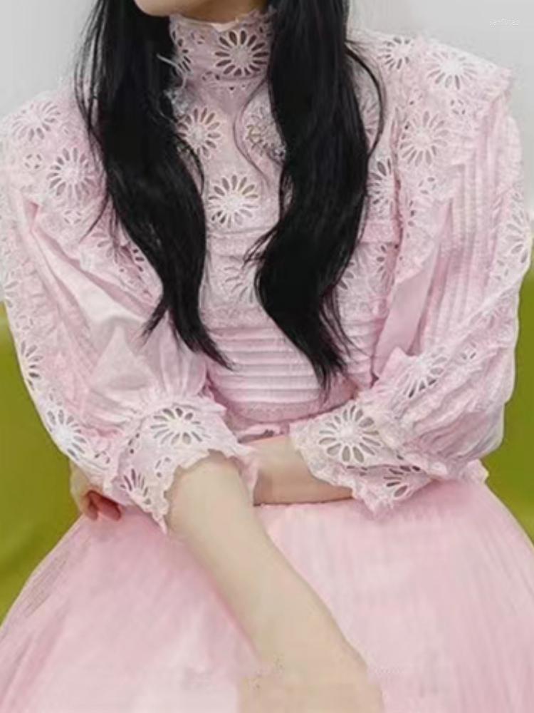 

Women' Blouses Women Shirt 2023 Spring Autumn Cotton Stand Collar Lace Hollow Embroidery Lantern Half Sleeve, Pink