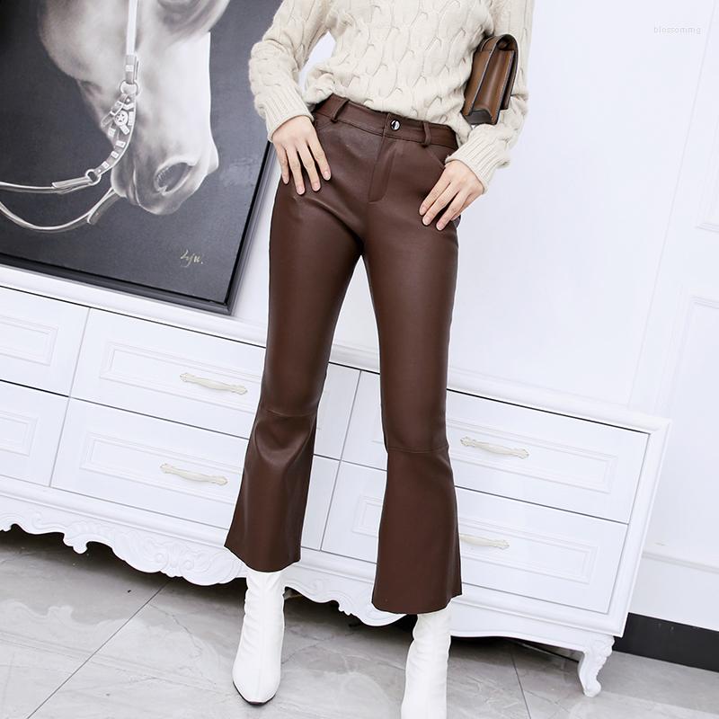 

Women's Pants Factory Arrival Women Fashion Genuine Ninth Leather Slim Flare, Coffee