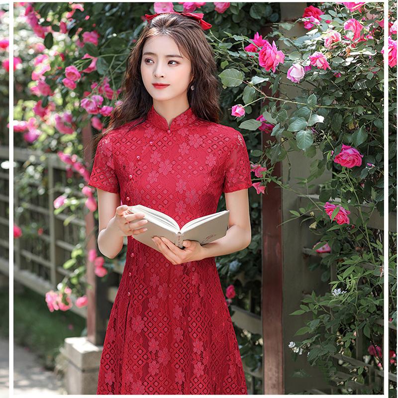 

Ethnic Clothing 2023 Chinese Style Clothes Lace Cheongsam Dress Women Mandarin Collar Vintage Elegant Traditional Retro Fashion Qipao