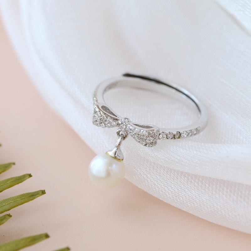 

Cluster Rings Natural Freshwater Pearl 925 Sterling Silver Inlaid Rhinestone Fashion Bowknot Ring Wedding Party Fine Jewelry Gift