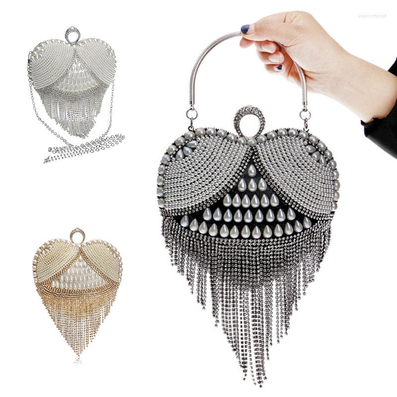 

Evening Bags Sexy Lady Heart Tassel Rhinestones Women Pearl Handle Finger Ring Diamonds Small Clutches Party Nightclub Purse, Black