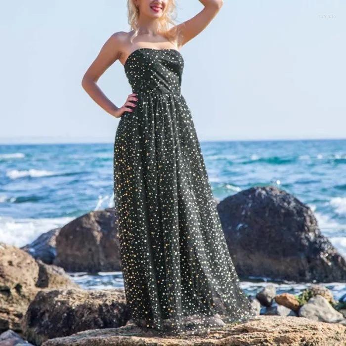 

Casual Dresses Summer Beading Strapless Sexy Maxi Dress Vestidos Women Long Black Mesh Bohemia Sundress