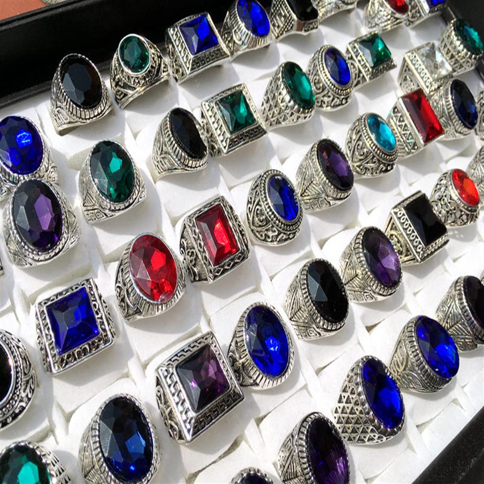 

Whole 50pcs Mix lot Antique Silver Rings Mens Womens Vintage Gemstone jewelry party ring weeding ring random sty262j
