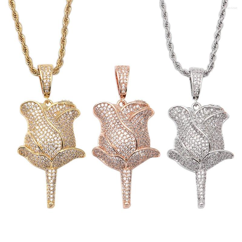 

Pendant Necklaces Hip Hop Micro Paved Cubic Zirconia Iced Out Bling Rose Flower Pendants Necklace For Men Women Jewelry Gold Silver