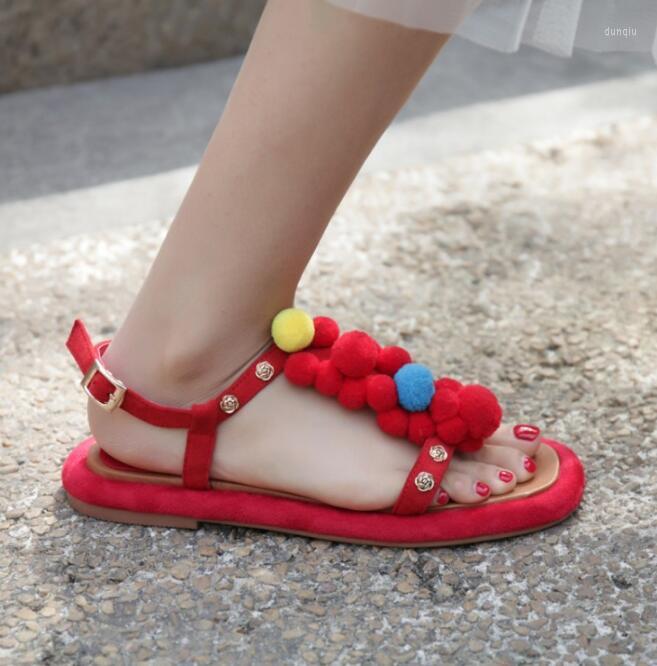 

Sandals Sestito Girls Sweety Multi Color Fur Ball Embellished Buckle Strap Summer Gladiator Ladies Peep Toe Flat Casual, Black
