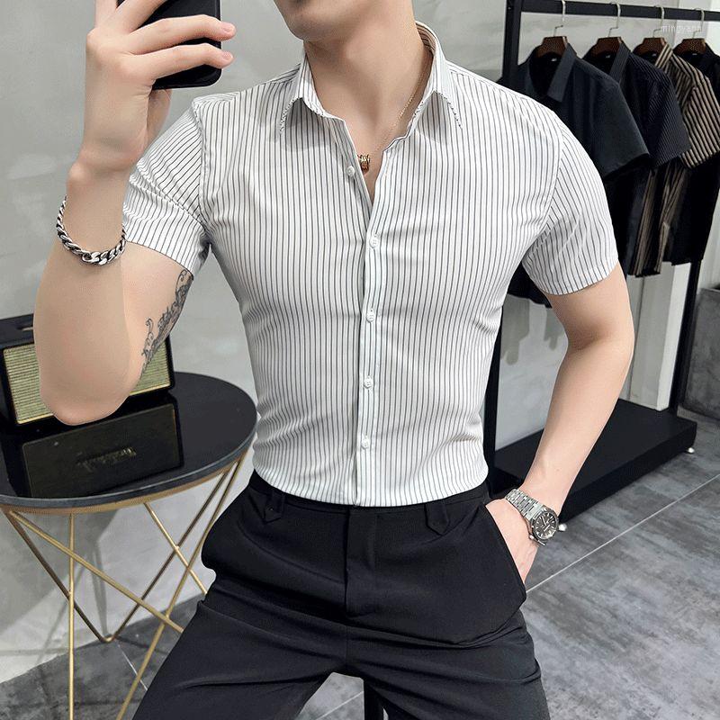 

Men's Casual Shirts 4Colors 4XL-M Summer Plus Size Short Sleeve Men Striped Thin Slim Fit Business Formal Wear Chemise Homme, Black