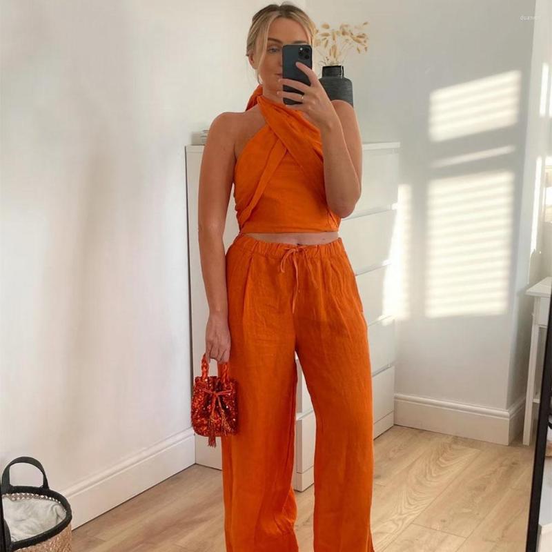 

Women' Tanks 2023 Summer Women' Temperament Sexy Backless Two-color Cross Design Cotton And Linen Halterneck Short Top, Orange