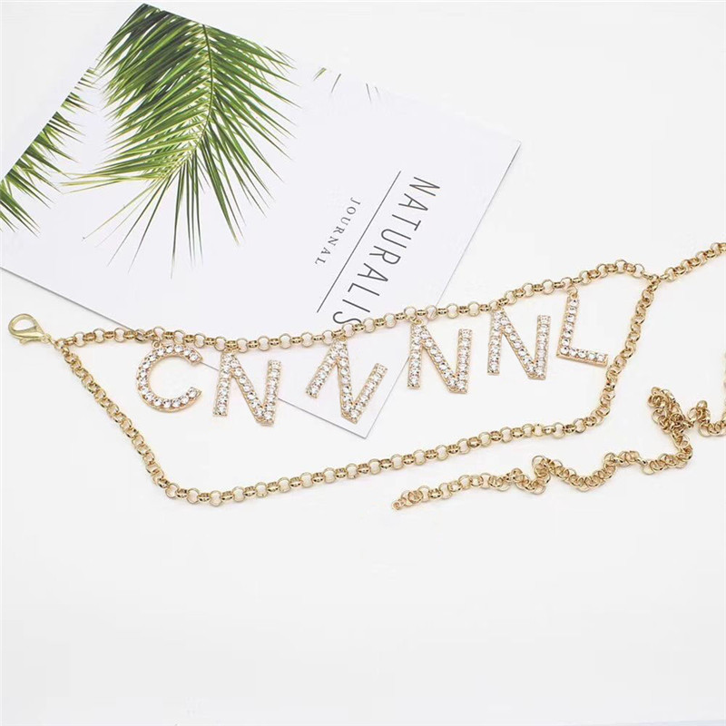

RY Fashion Brand Letter Chains Belt For Women Casual Dress Accessories Ladies Luxury Waist Belts Designer Womens Gold Waistband GCP008, No keychain