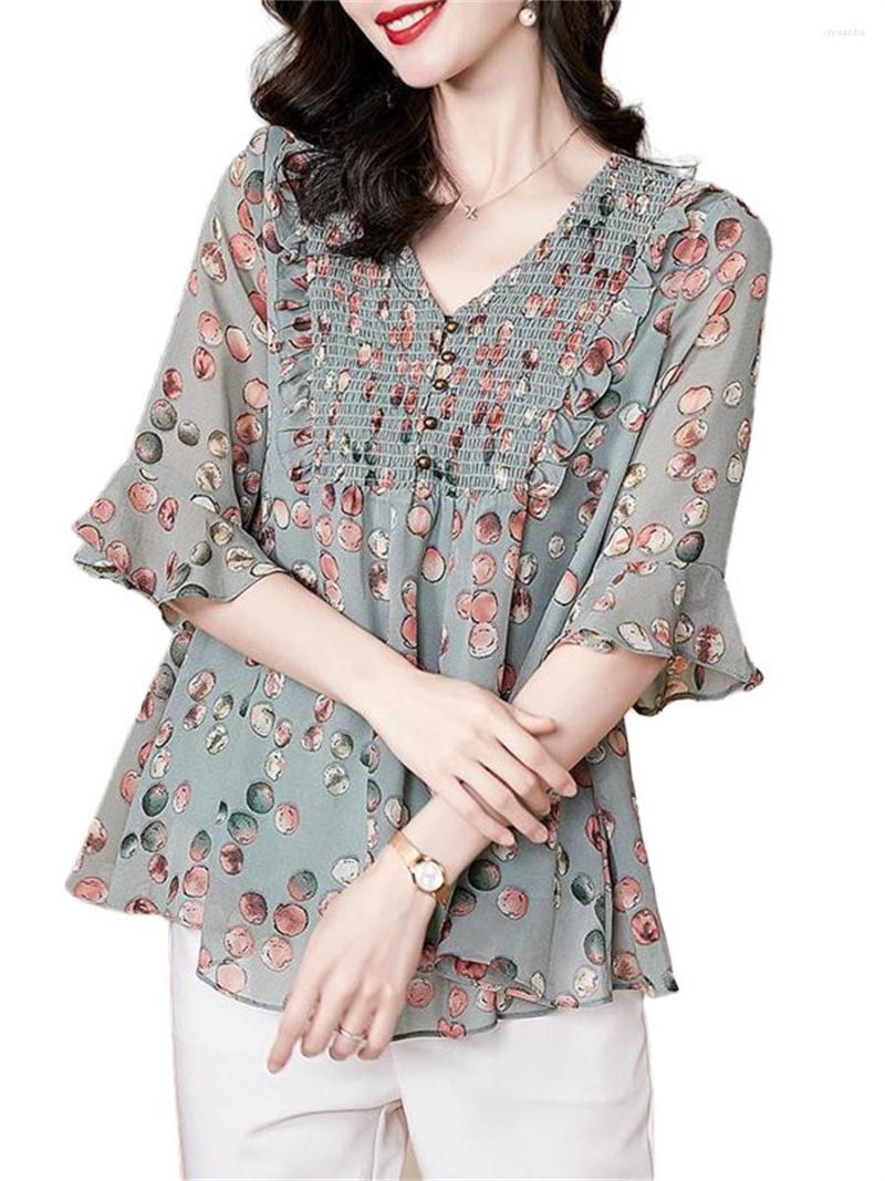 

Women' Blouses 4XL Women Summer Spring Shirts Lady Fashion Casual Short Sleeve V-Neck Collar Flower Printing Blusas Tops G2465, Green