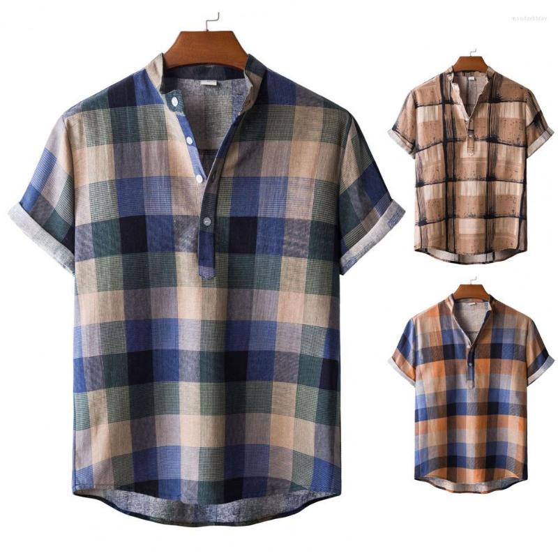 

Men's Casual Shirts Men Shirt Plaid Print Contrast Colors Stand Collar Summer Top For Daily Wear, Red