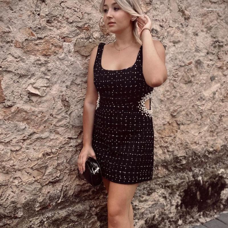 

Casual Dresses Fashion Square Collar Slim Sleeveless Mini Dress Elegant Summer Women' Pearl Hollow Out Above Knee Female, Black
