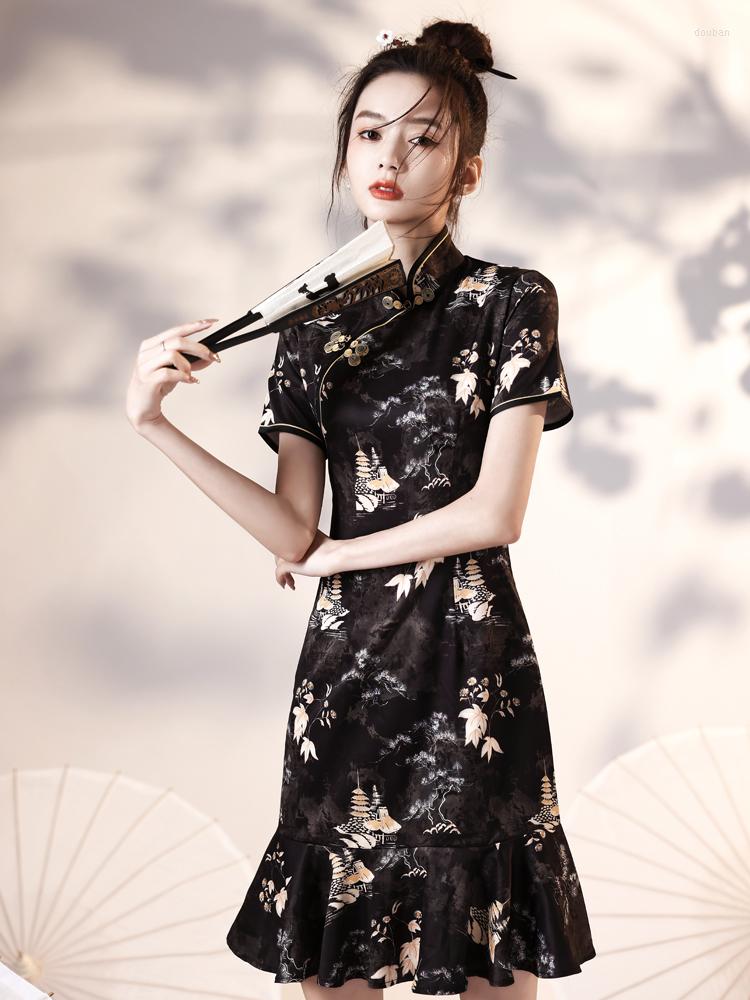 

Ethnic Clothing 2023 Chinese Retro Dress Oriental Style Sexy Improved Cheongsam Floral Printing Elegant Fishtail Skirt Qipao Modern Party