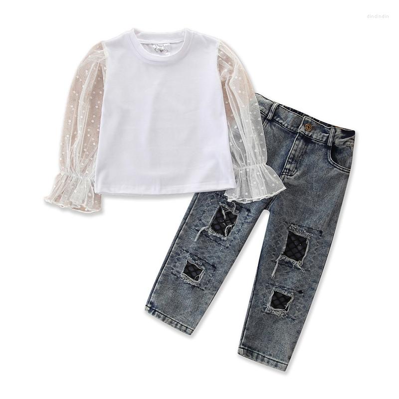 

Clothing Sets 2pcs Summer Children Mesh Dot Perspective Shirt Long Sleeve Tops Ripped Jeans Kid Girl Clothes, Multi
