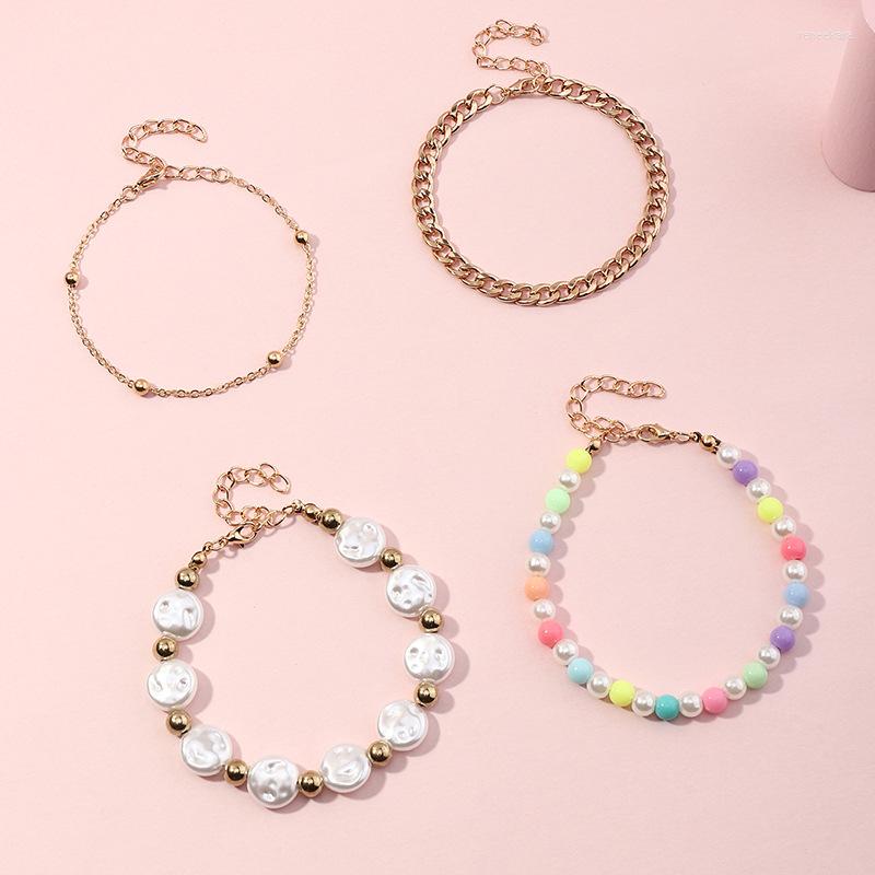 

Link Bracelets Korean Fashion Geometric Metal Chain Pearl Bracelet Cute Colorful Beads Elastic Bangle 4 Pcs/Set Student Punk Style Jewelry