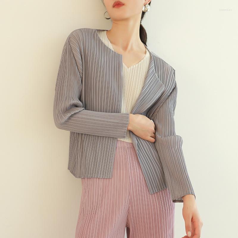

Women's Jackets Miyake Pleated Open Stitch 2023 Spring Autumn Fashion Women's Dress With Cardigan Style Long Sleeves Coat, Black