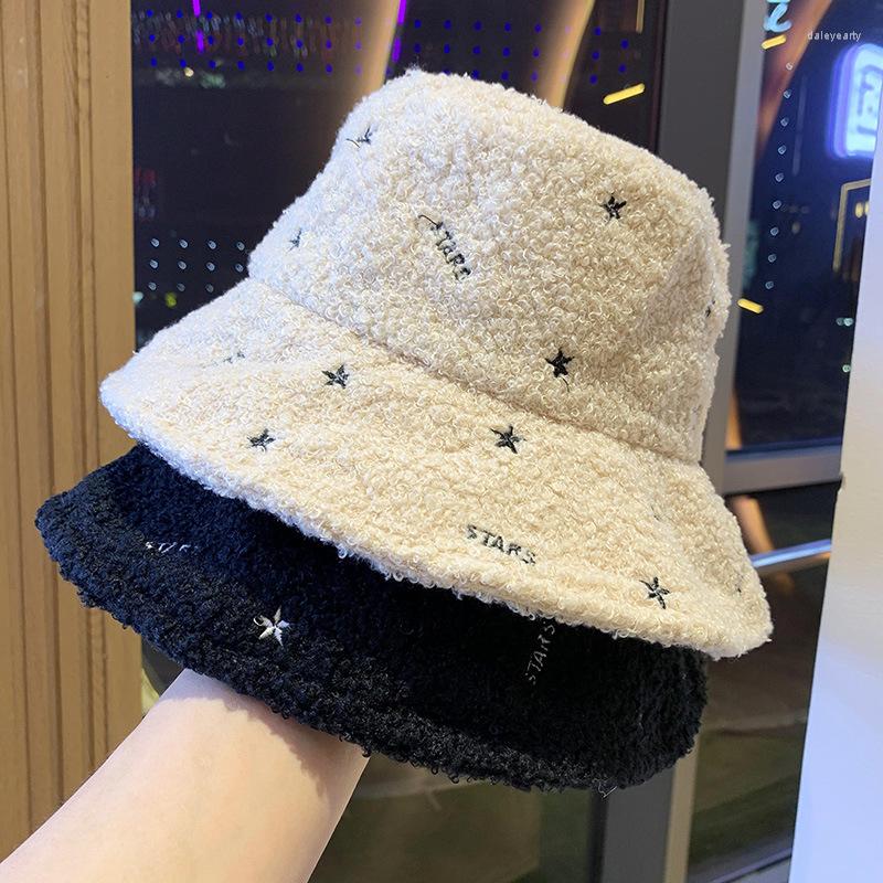 

Berets Autumn Winter Star Fisherman Hat Women Japanese Lamb Wool Thick Warm Basin Cap Fashion Letter Embroidery Sun Caps, Khaki