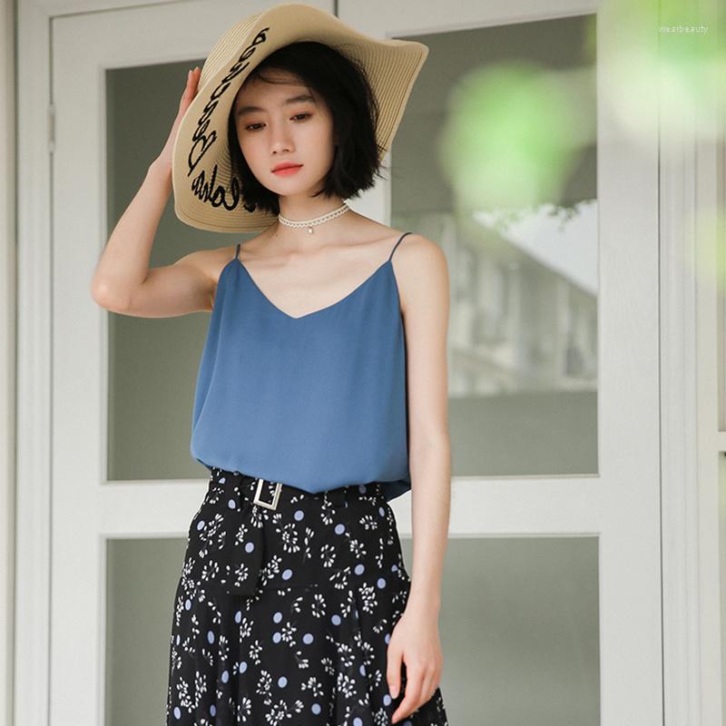 

Women's Tanks FTLZZ Summer Sexy Women Spaghetti Strap Sleeveless Crop Tops Casual Female Solid Tank Holiday Beach Chiffon, Black