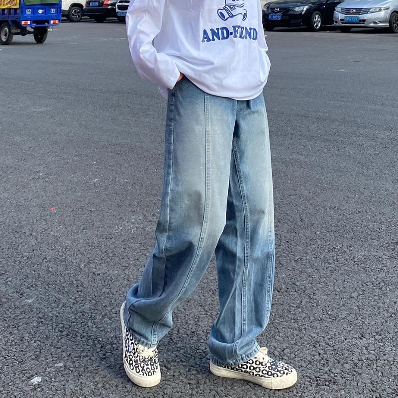 

Men's Jeans ZCSMLL Trendy Ins Straight Tube Loose Bright Line Washable Men Streetwear Fashion Hip-hop Worn White Wide Leg Pants, Blue
