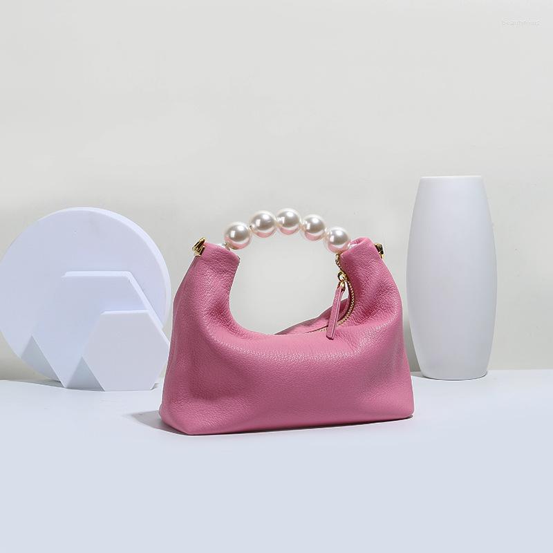 

Evening Bags 2023 Women Fashion Genuine Leather Soft Sheepskin Concise Beaded Handle Shoulder Bag Underarm Office Daily, White