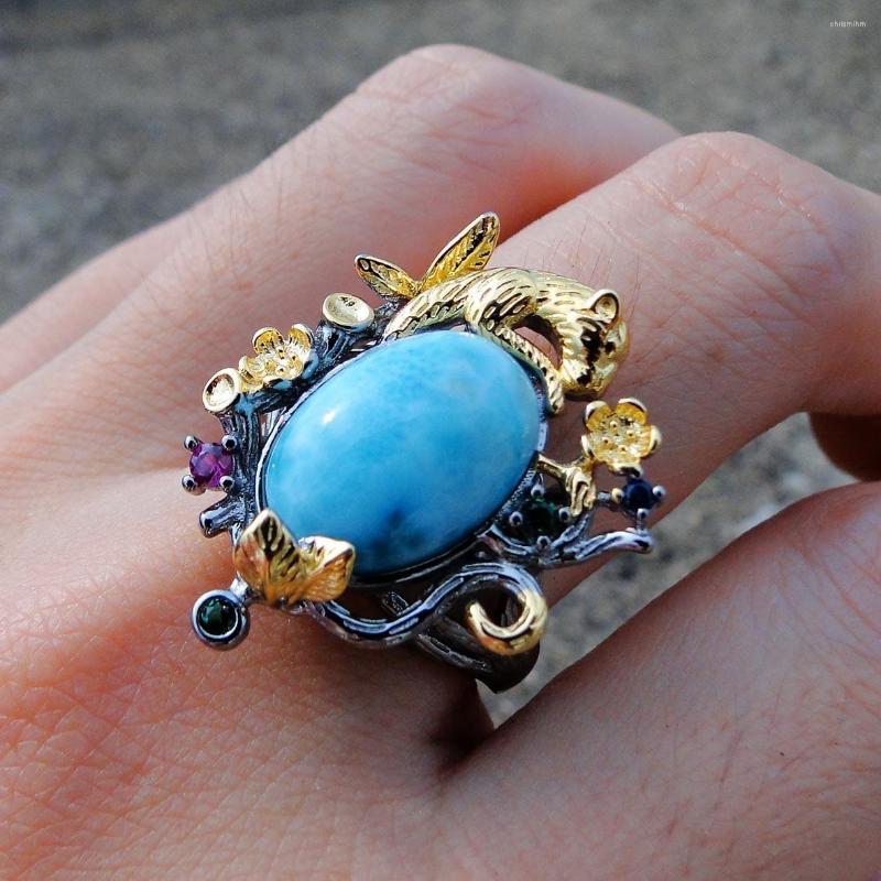 

Cluster Rings Silver Resizable Two Tone Plated 925 Sterling Natural Larimar Engagement Wedding For Women