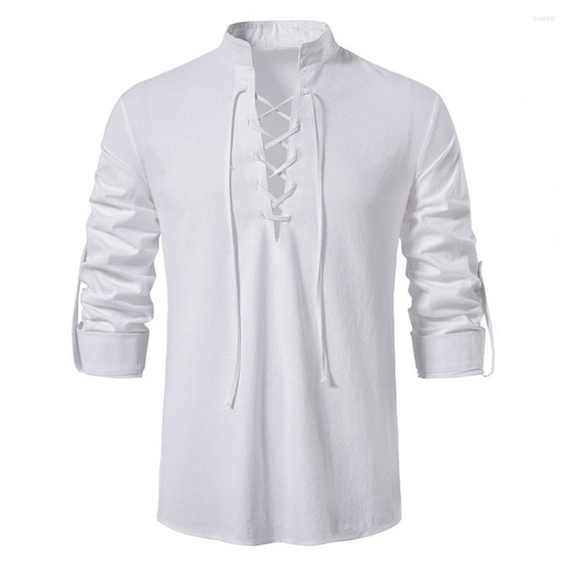 

Men's Casual Shirts Lace-up Men Shirt V-neck Pullover Long Sleeve Skin-touching Stand Collar Solid Color Top Male Clothing, Khaki