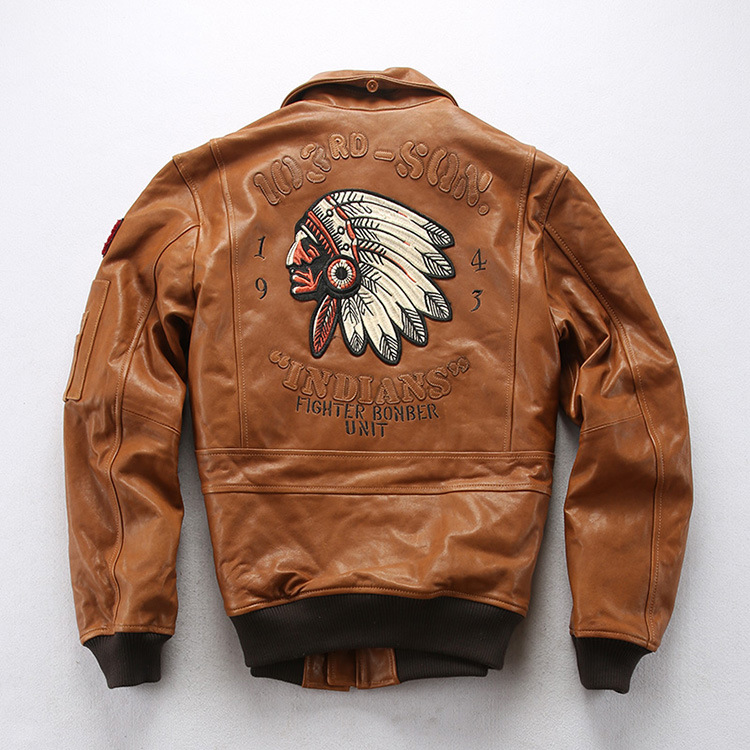 

Indian embroidery G1 air flight suit genuine leather jacket American plant tanned sheepskin clothing for men, Brown