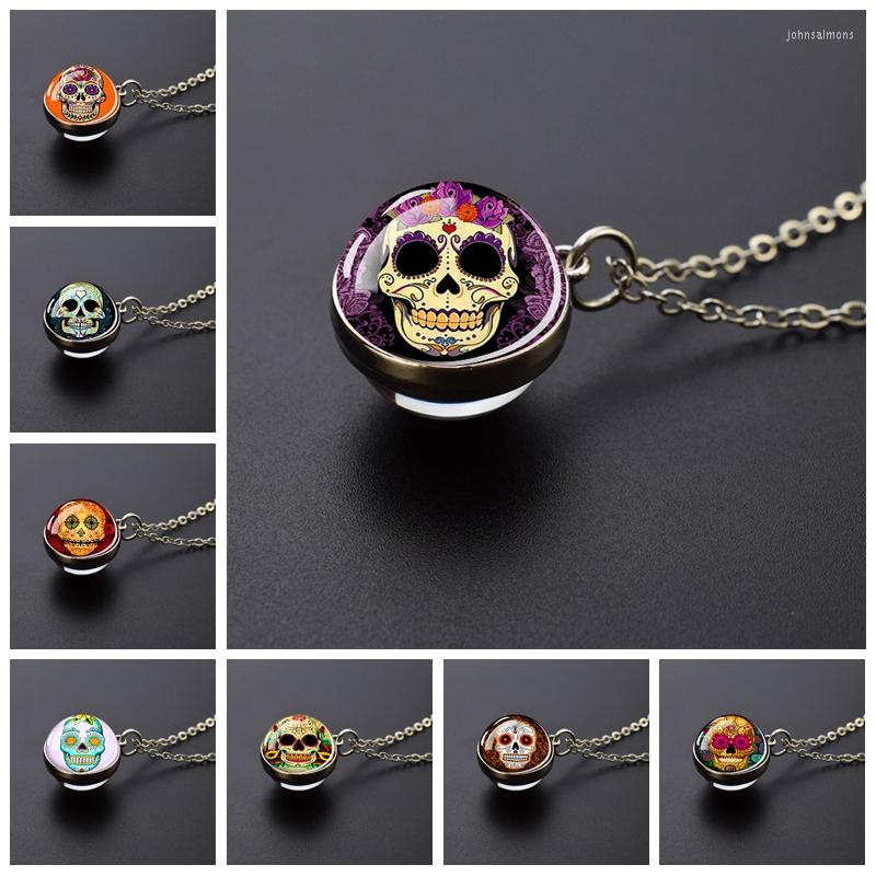 

Pendant Necklaces Sugar Skull Glass Ball Necklace Day Of The Dead Aztec Art Jewelry