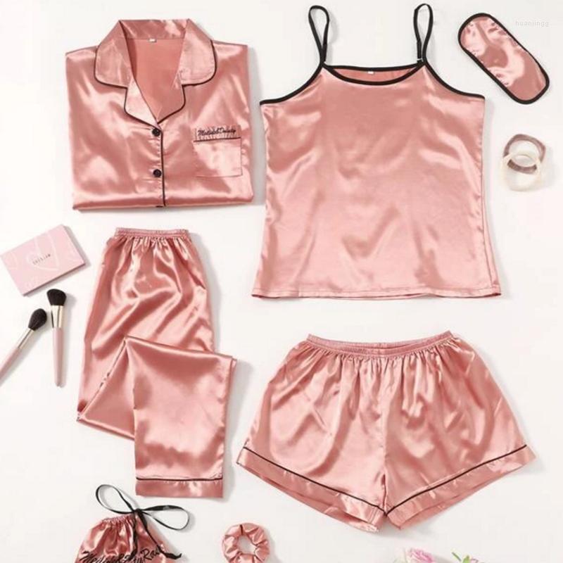 

Women's Sleepwear 5 Pieces Faux Silk Stain Pajamas Sets Without Chest Pad Pyjama Sexy Sling Shorts Long Sleeve Pants Tops, Style 2--color 8