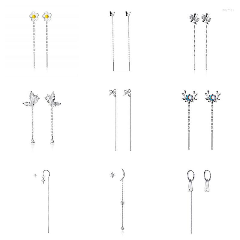 

Stud Earrings INZAReal 925 Sterling Silver Zircon Heart Moon Round Star Long Chain Tassel 14K For Women Trendy Fine Jewelry