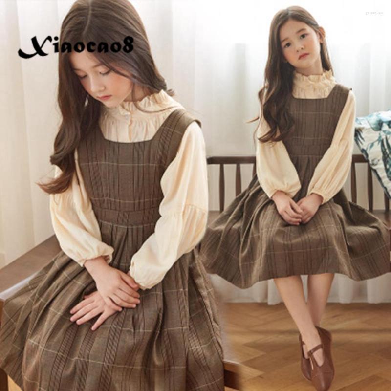 

Clothing Sets Fall Princess Dress Girls Clothes Children Long Sleeve Tops Sleeveless Kids Plaid 2PCS Teens Toddler Dresses, Beige