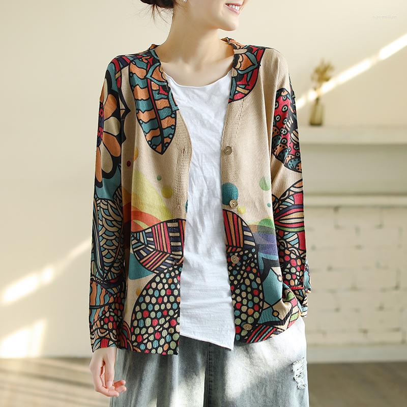 

Women's Knits Spring And Autumn V-neck Wool Knit Cardigan Jacket Women's Loose Retro Art Abstract Print Fashion Top, Picture shown