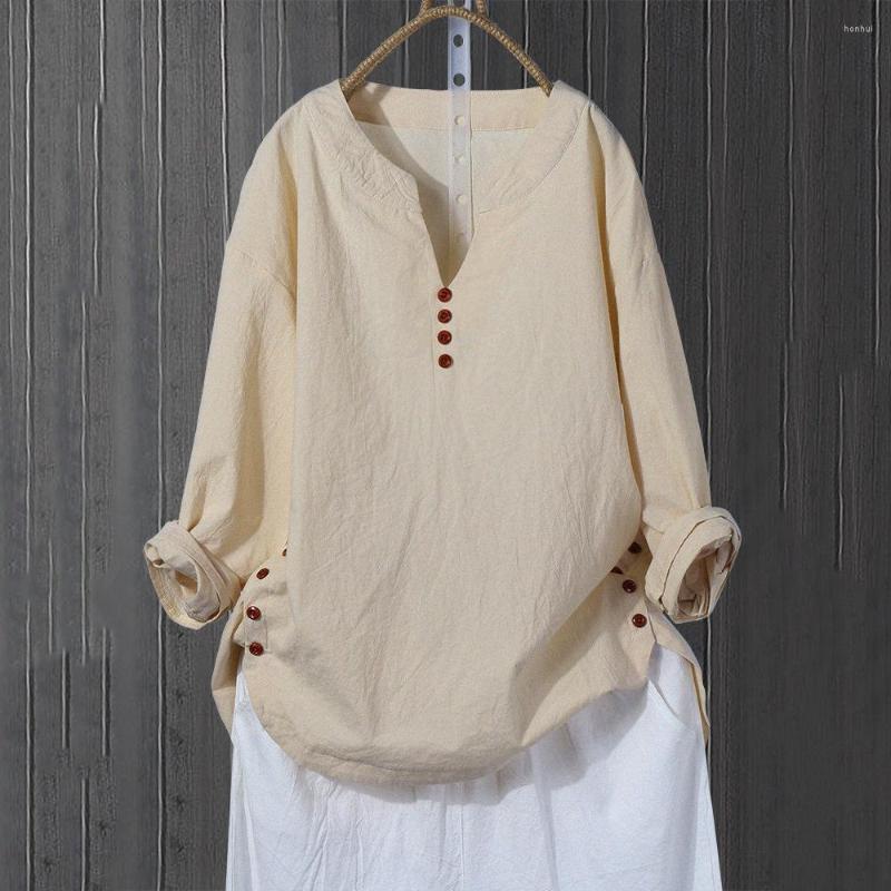 

Women's Blouses Autumn Cotton And Linen Blouse V Neck Loose Shirt Women Tops, Army green