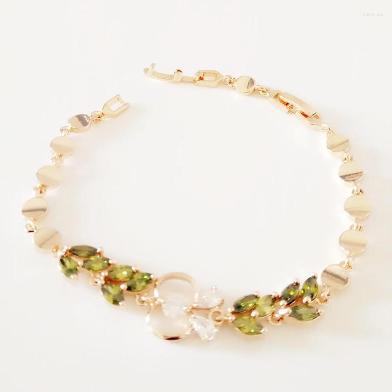 

Link Bracelets For Women Rose 585 Gold Color Jewelry OL Luxury Green Cubic Zircon Long Beautiful Chain Cuff